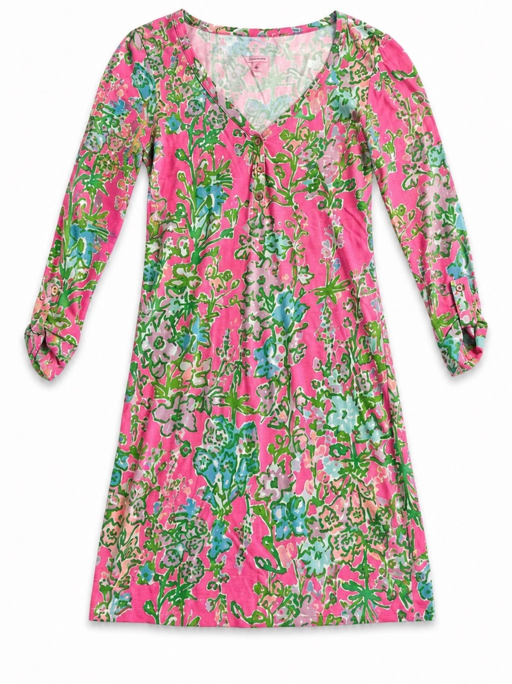 Lilly Pulitzer Pink Floral 100% Cotton Henley Shift Dress Resort Preppy